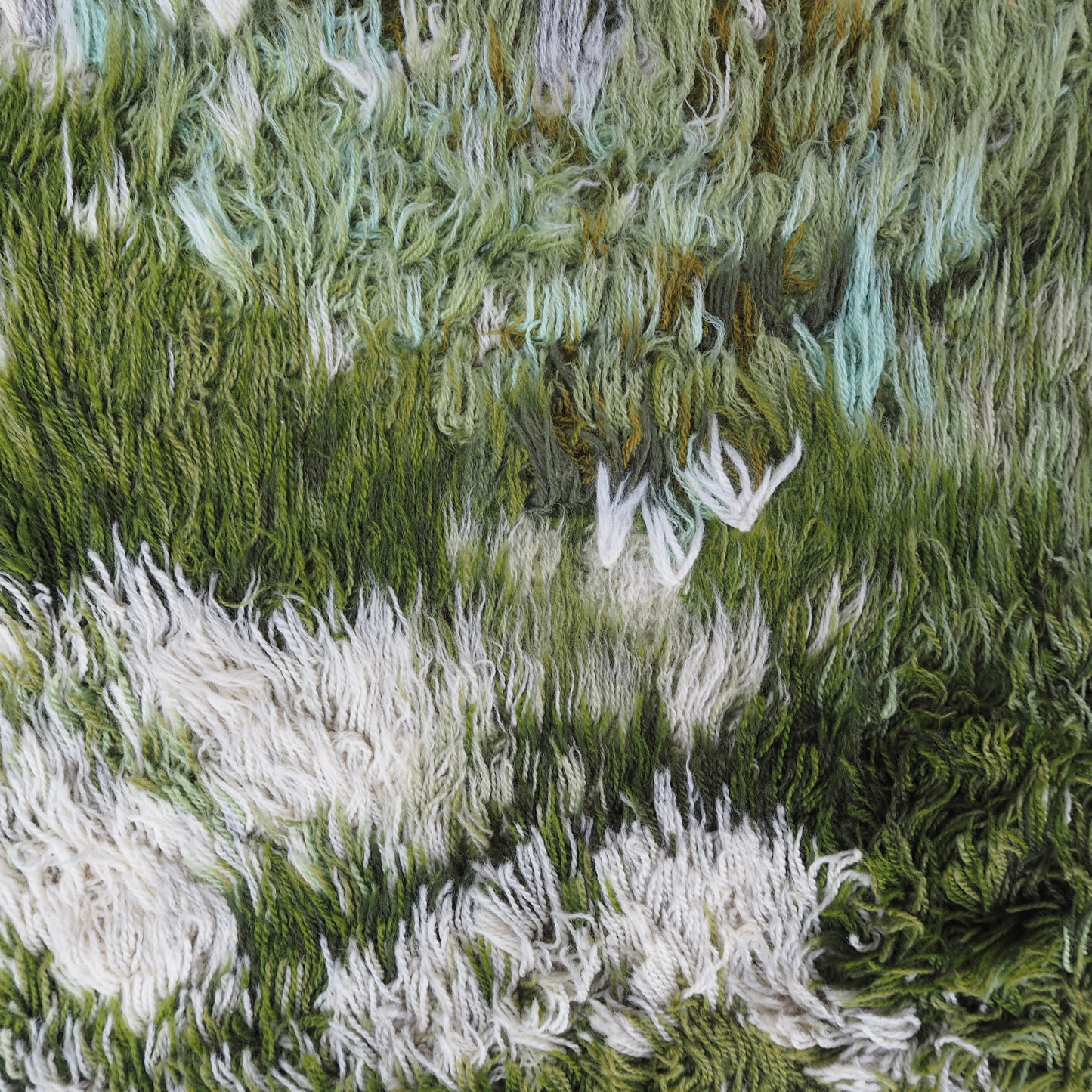 Swedish-modern Green Marbled Hand Knotted Rya Pile Rug