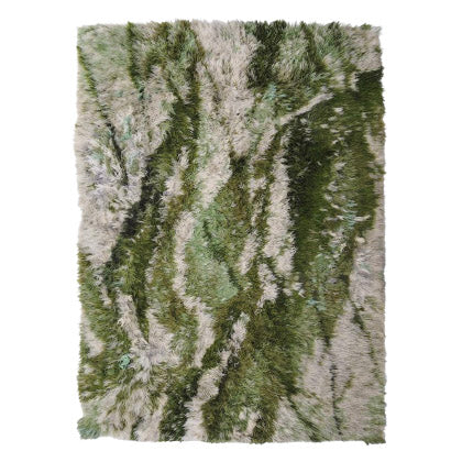 Swedish-modern Green Marbled Hand Knotted Rya Pile Rug
