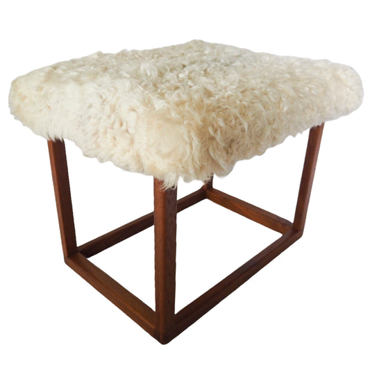 Swedish Modern Teak and Lambskin Stool