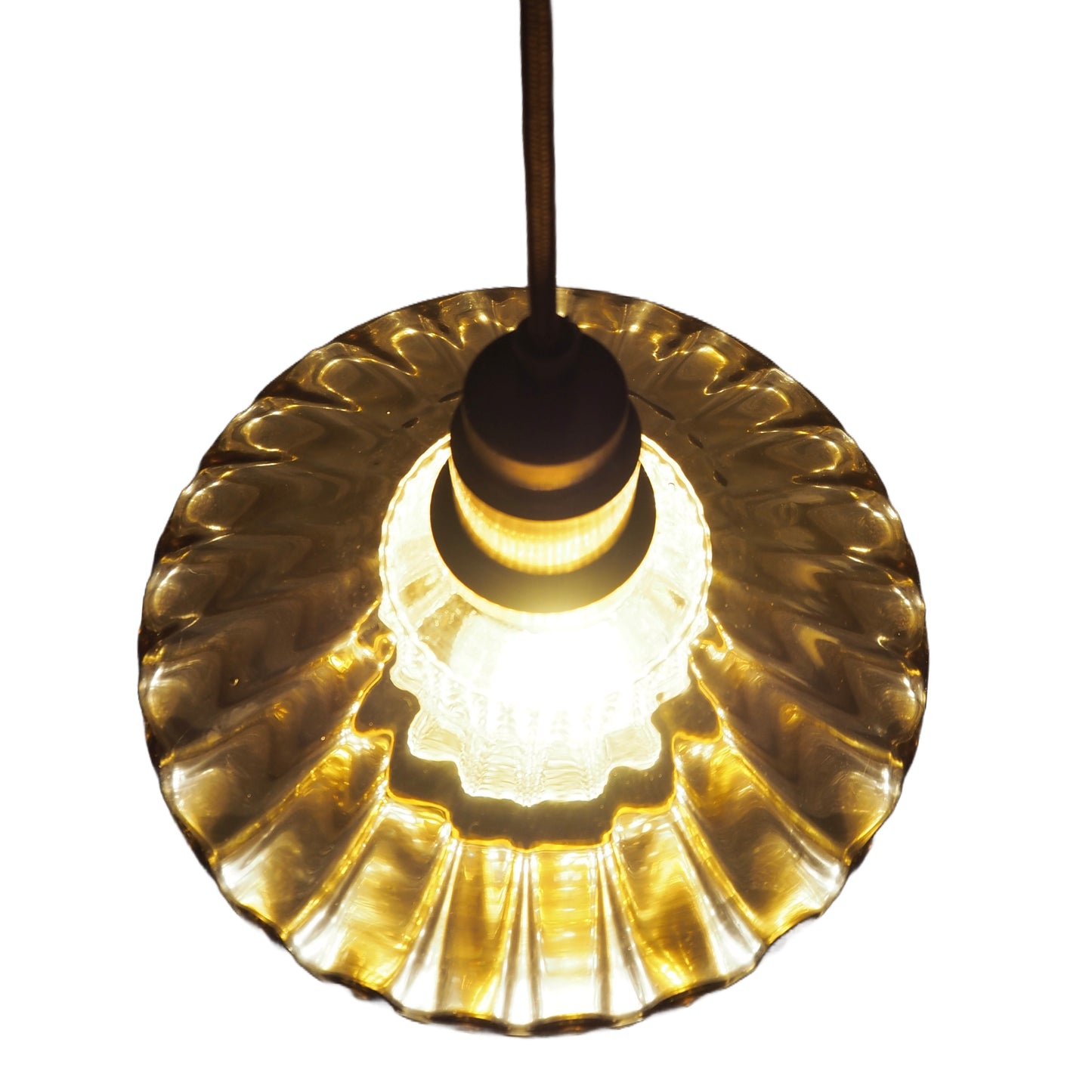 1960s MCM Amber Glass & Brass Pendant Lamp