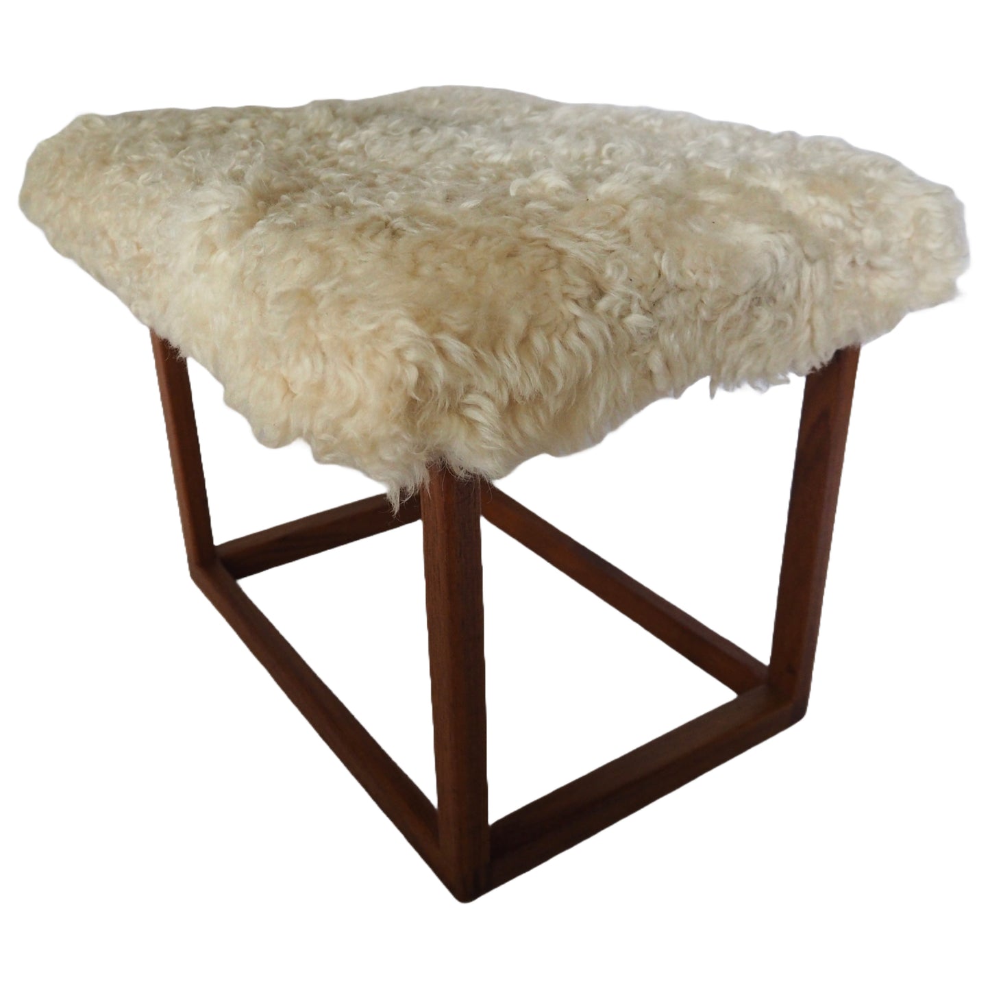 Swedish Modern Teak and Lambskin Stool