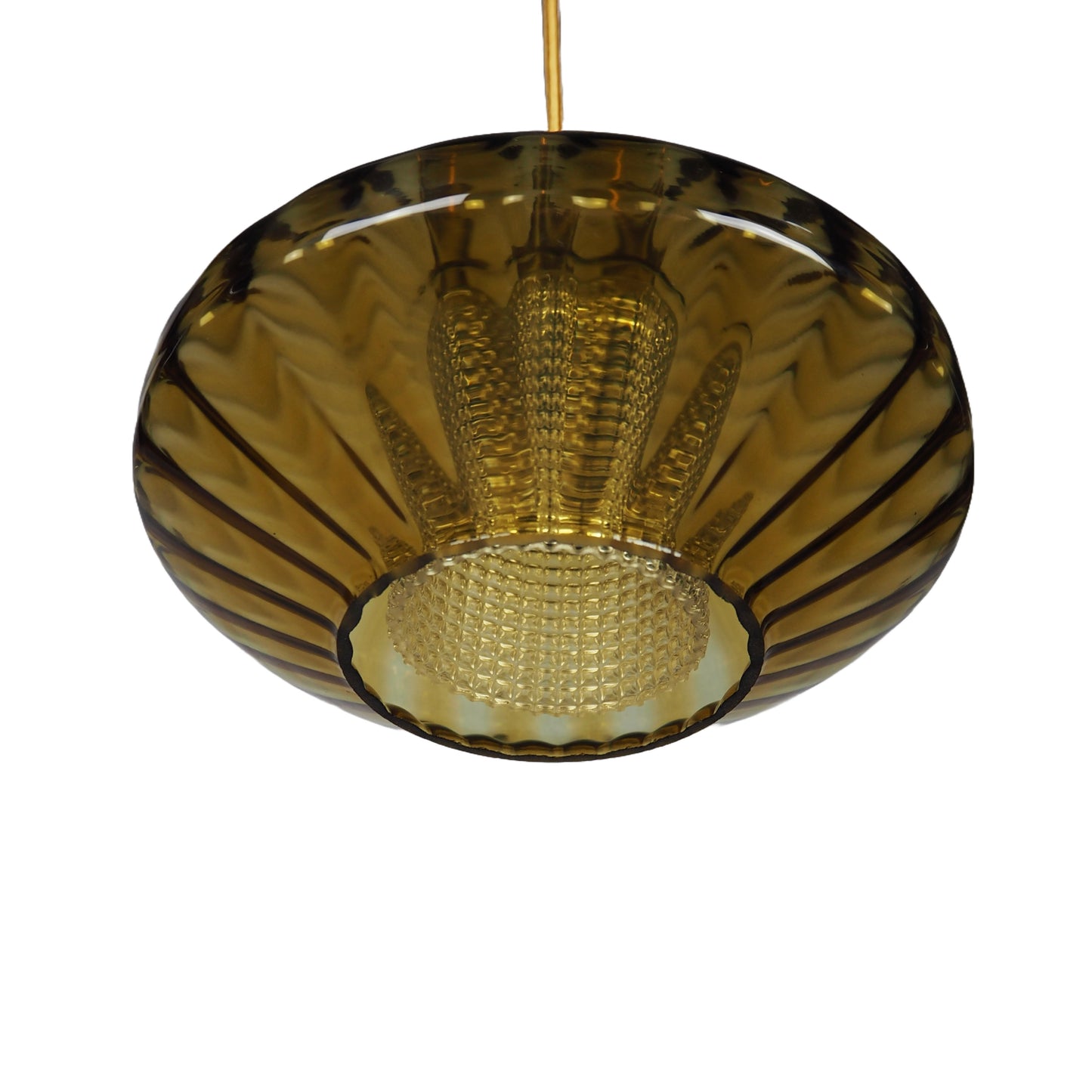 1960s MCM Amber Glass & Brass Pendant Lamp