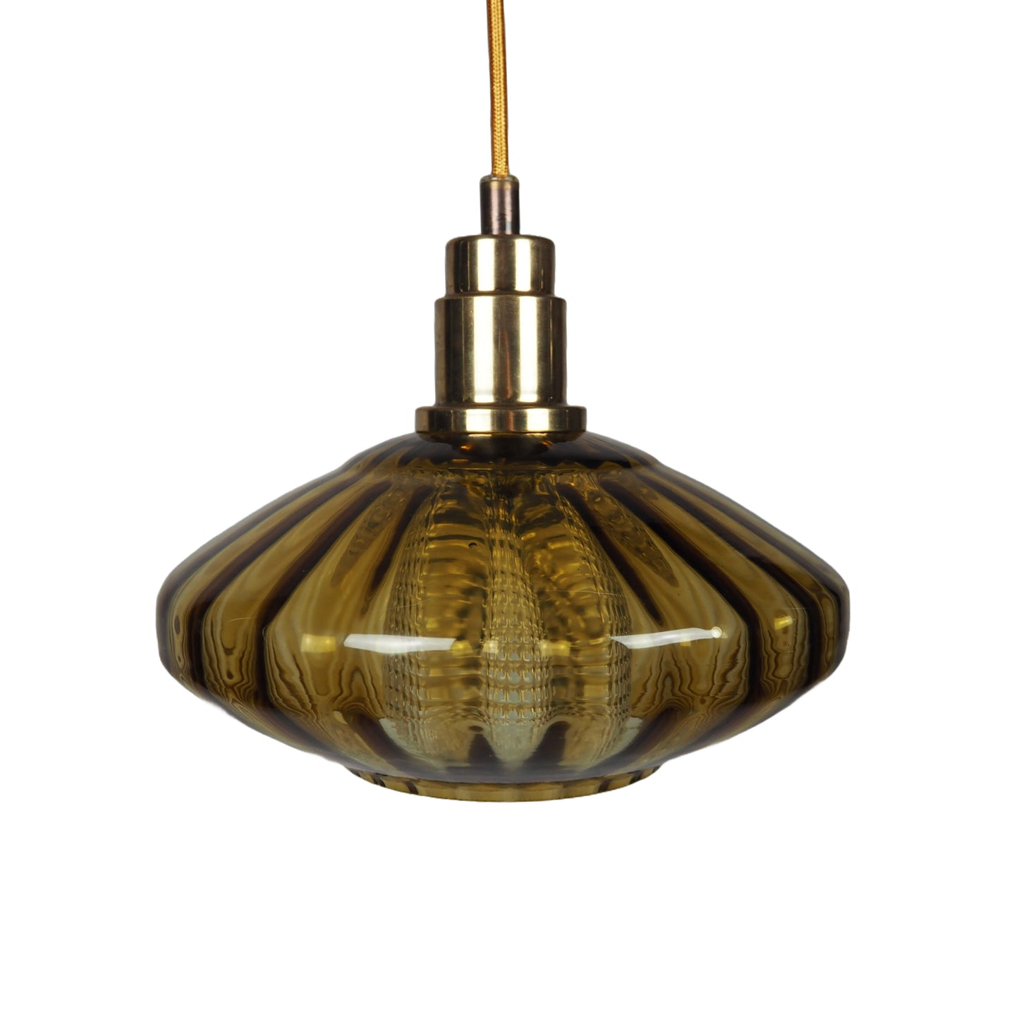 1960s MCM Amber Glass & Brass Pendant Lamp