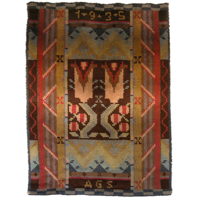 1935 Hand Knotted Finnish-Swedish Rya Pile Rug