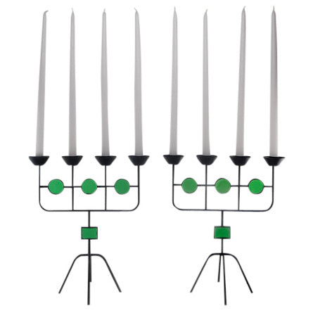 Gunnar Ander Pair of Green Glass and Wrought Iron Candelabra