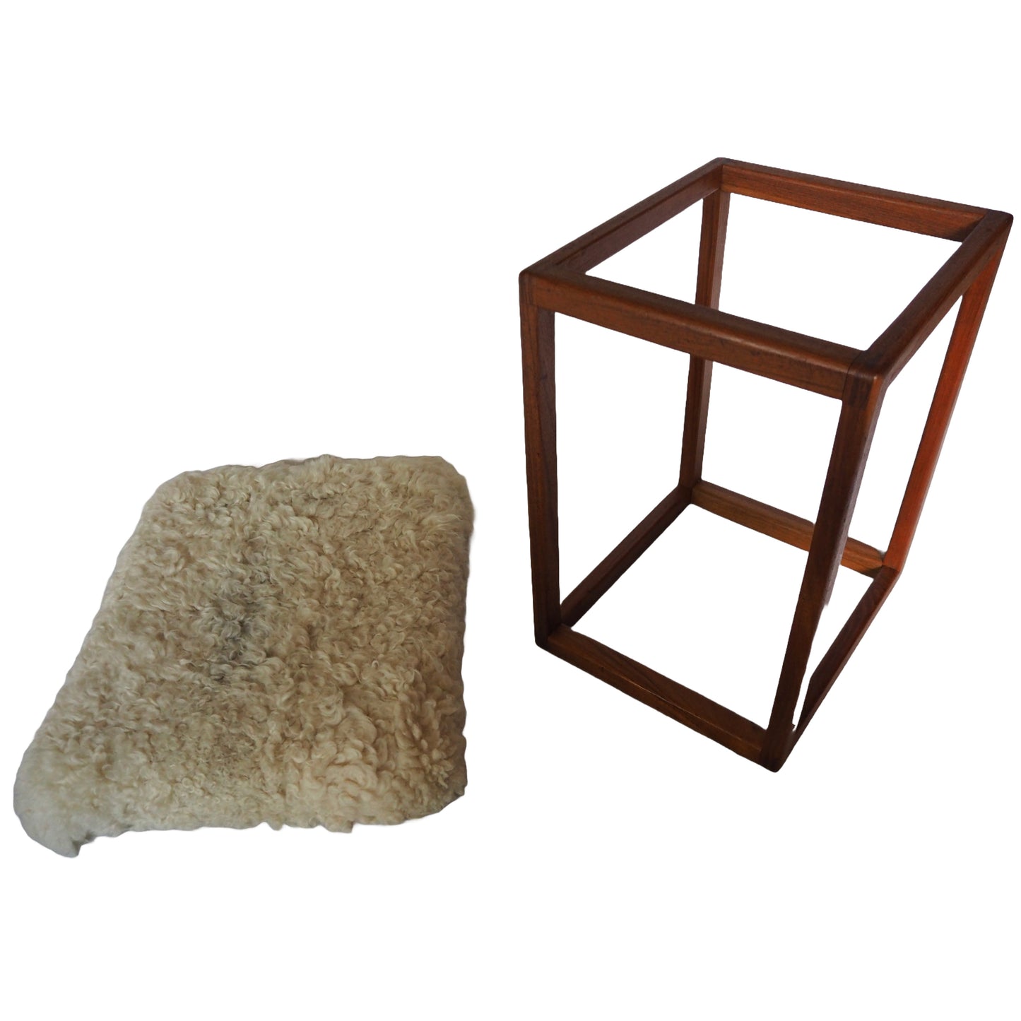 Swedish Modern Teak and Lambskin Stool