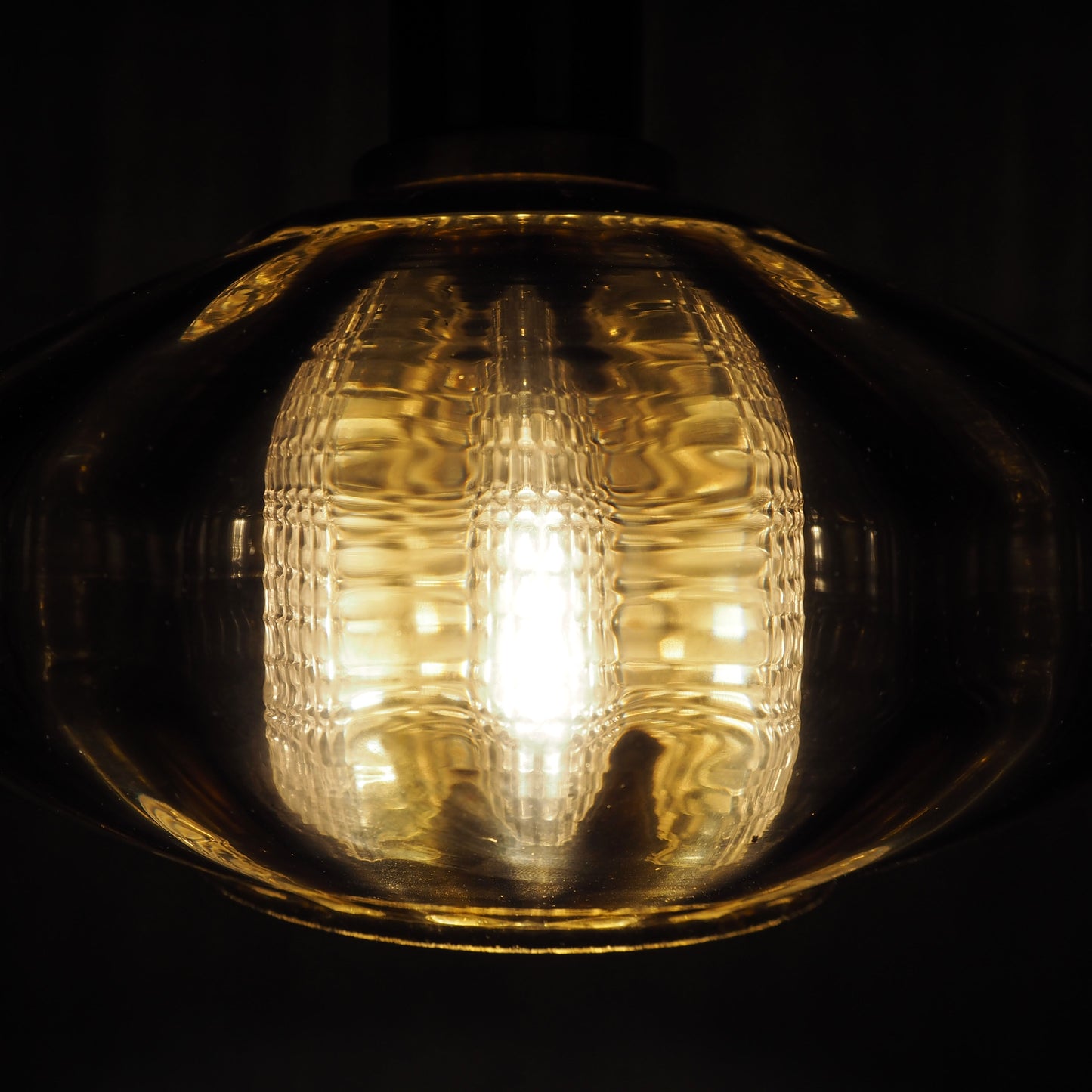 1960s MCM Amber Glass & Brass Pendant Lamp