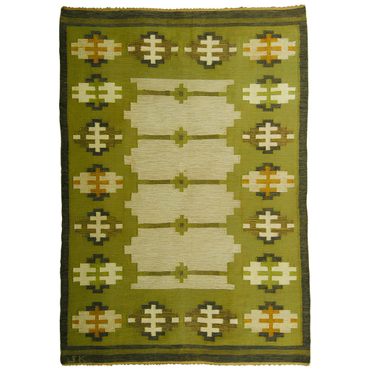 Swedish Modern Flatweave Green Kilim Rug