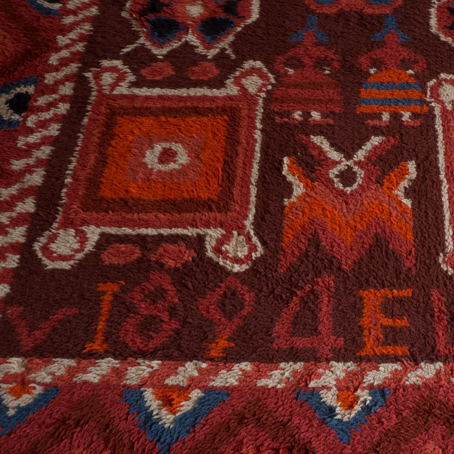 Large Finnish Folk Art Hand Knotted Pile Rug