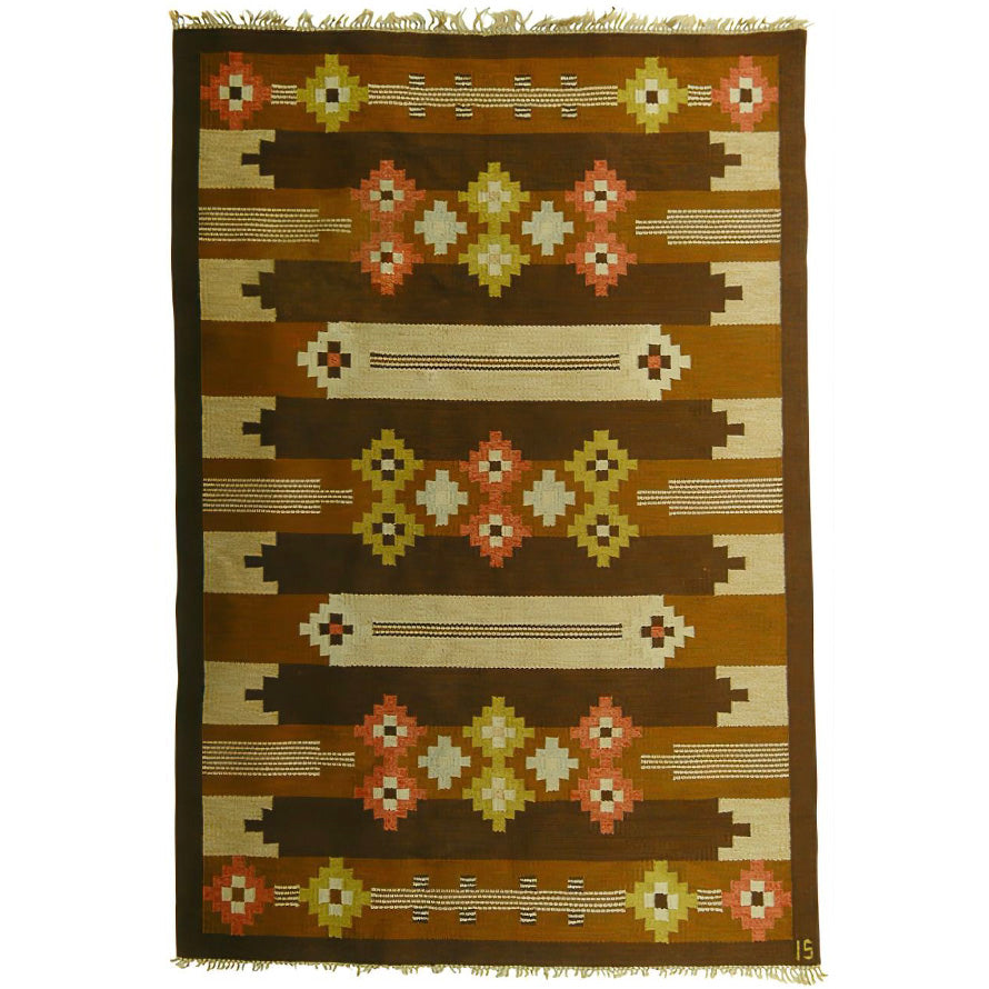 Tapis Kilim Nordique Moderne Mid-Century, Tissé à Plat, Couleur Terre